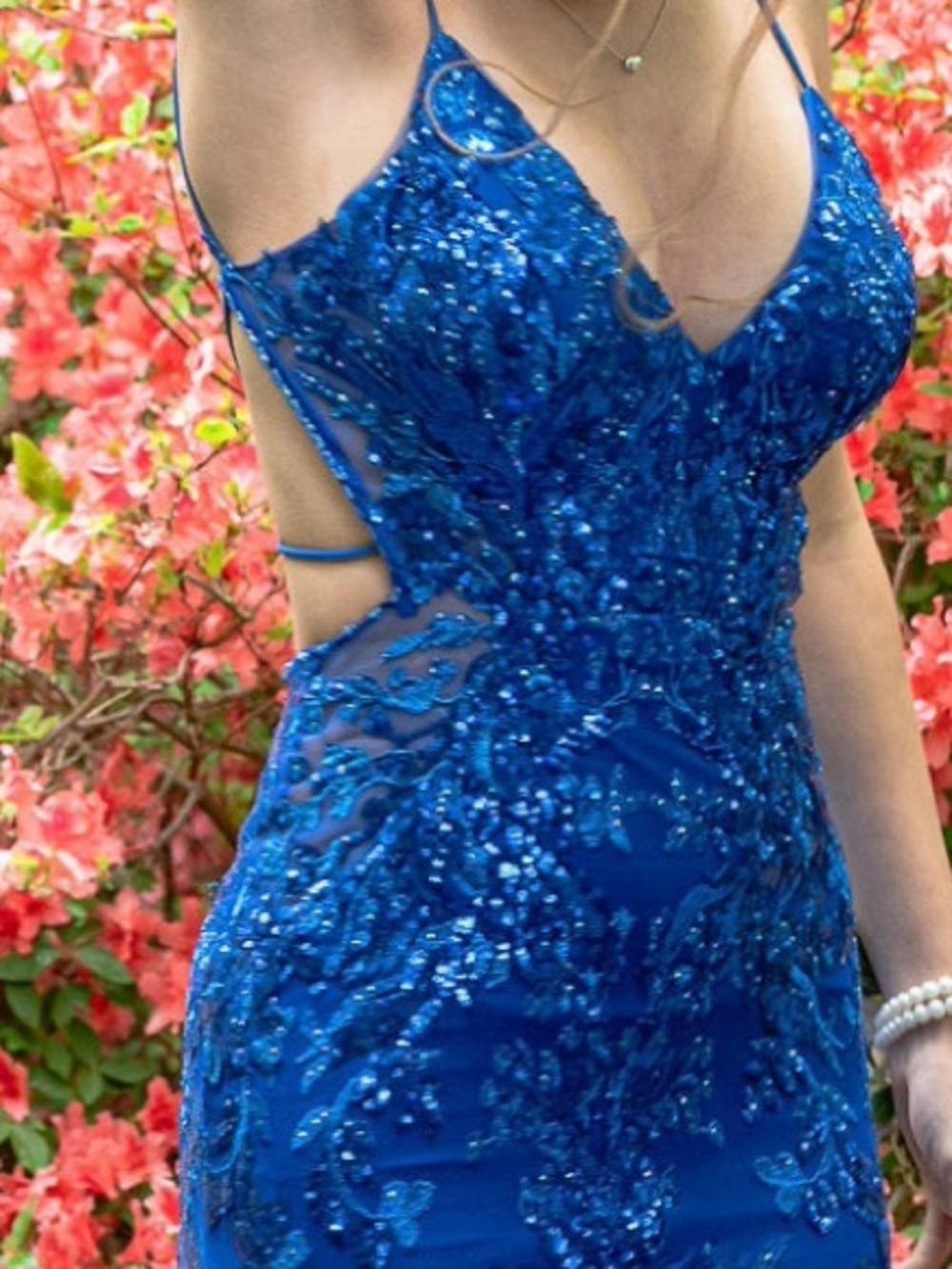 ellie wilde Royal Blue Beaded Spaghetti Strap Prom Dress